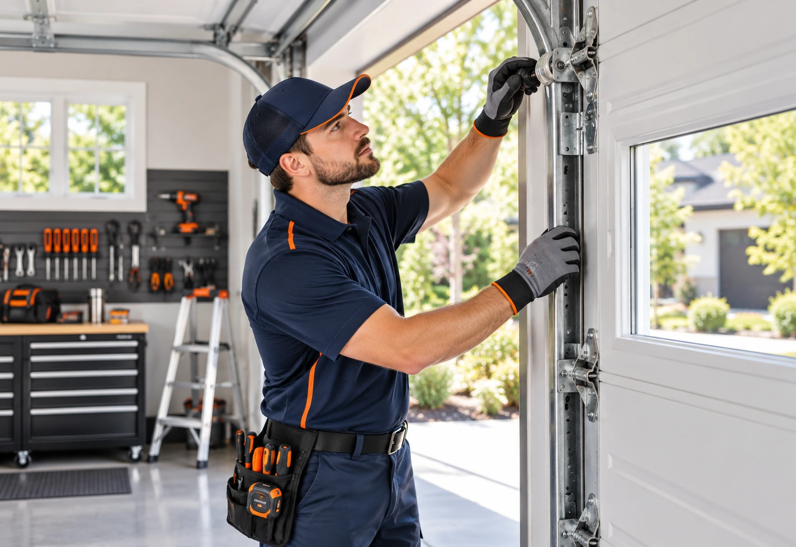 Garage door technician inspecting residential garage door hardware